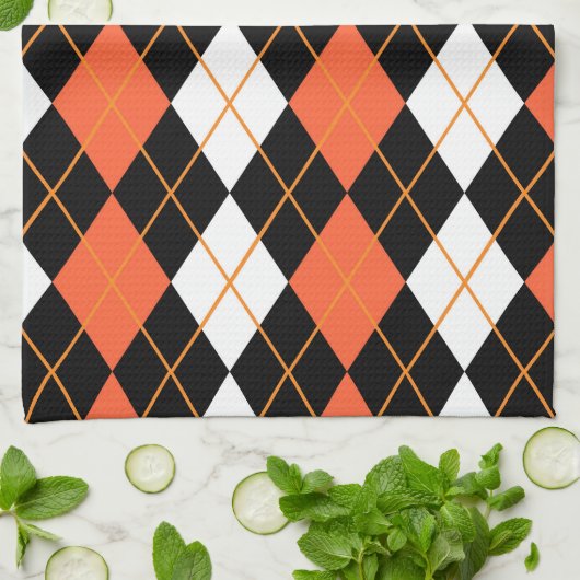 Sinaasappel Zwart Wit Argyle Diamond Design Theedoek (Gevouwen)