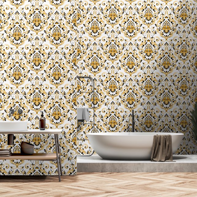 Sinaasappel Zwart Wit Damask Bloemschil en stok Behang (Badkamer)