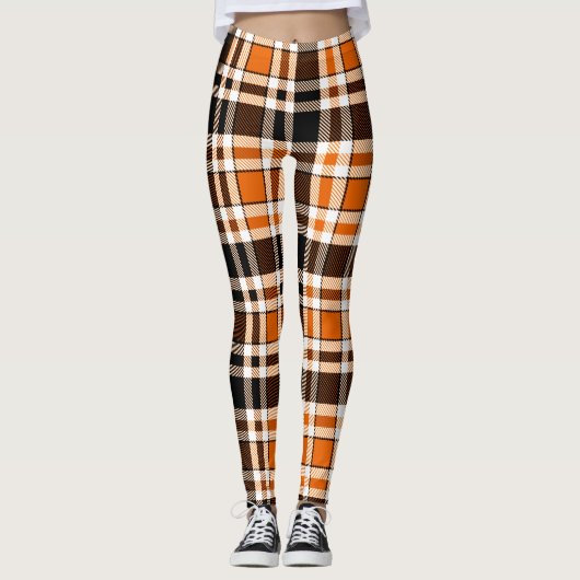 Sinaasappel Zwart Wit Flanel Tartan Pattern Design Leggings (Voorkant)