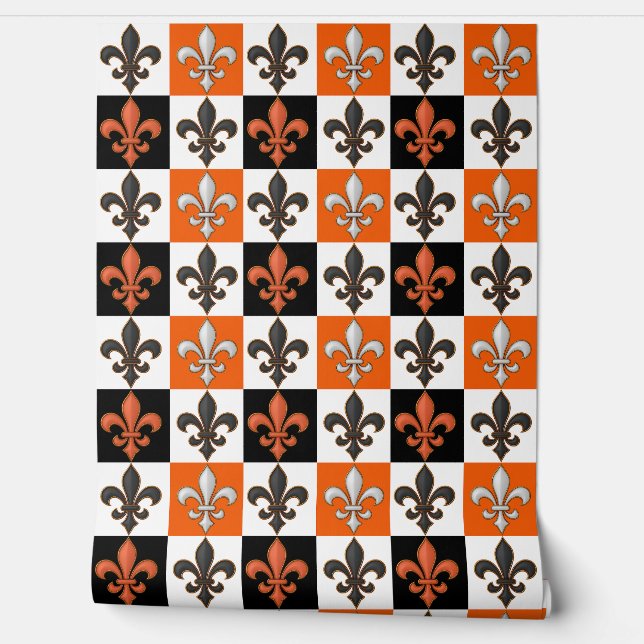Sinaasappel Zwart Wit Geruit Fleur-de-lis Design Behang (Afrollen)