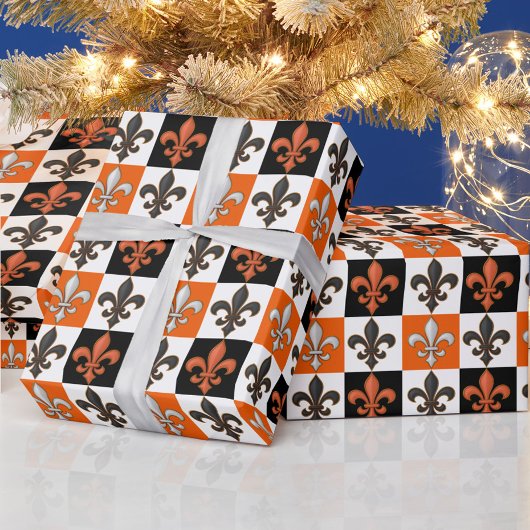Sinaasappel Zwart Wit Geruit Fleur-de-lis Design Cadeaupapier