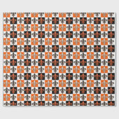 Sinaasappel Zwart Wit Geruit Fleur-de-lis Design Cadeaupapier (Vlak)