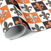 Sinaasappel Zwart Wit Geruit Fleur-de-lis Design Cadeaupapier (Rol Hoek)