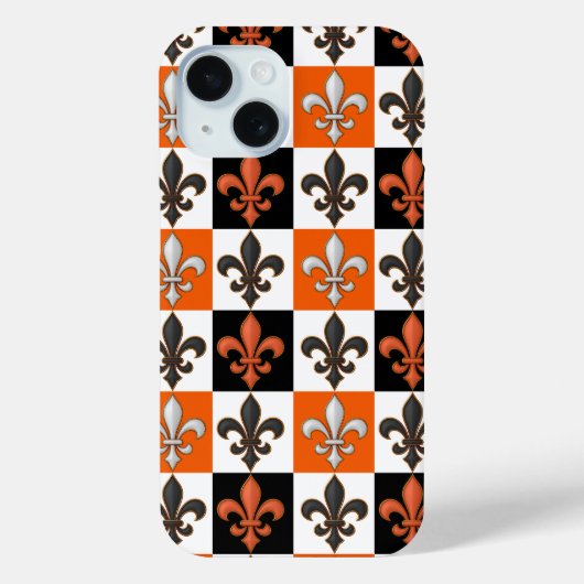 Sinaasappel Zwart Wit Geruit Fleur-de-lis Design Case-Mate iPhone Case (Achterkant)