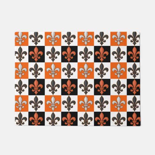 Sinaasappel Zwart Wit Geruit Fleur-de-lis Design Deurmat (Voorkant)