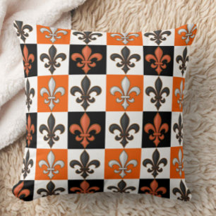 Sinaasappel Zwart Wit Geruit Fleur-de-lis Design Kussen