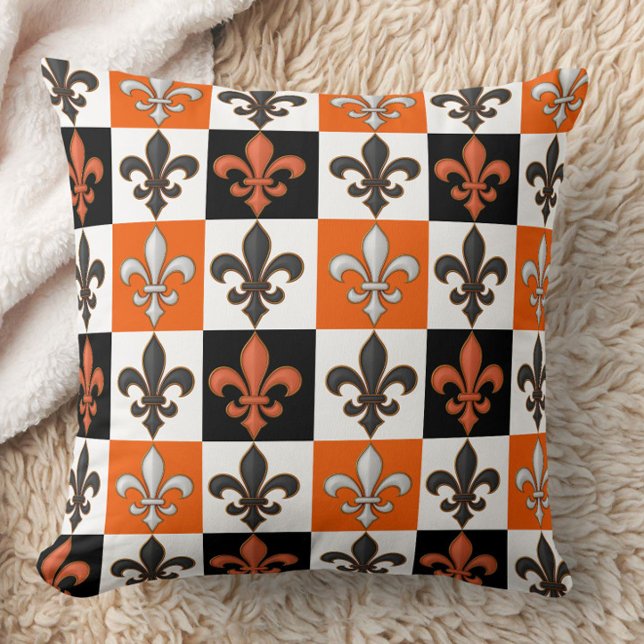 Sinaasappel Zwart Wit Geruit Fleur-de-lis Design Kussen (Creator heeft geüpload)