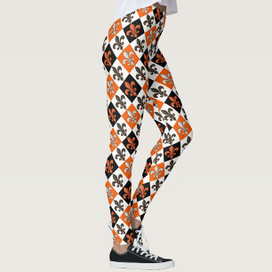 Sinaasappel Zwart Wit Geruit Fleur-de-lis Design Leggings