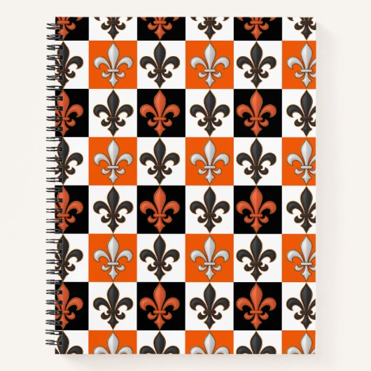 Sinaasappel Zwart Wit Geruit Fleur-de-lis Design Notitieboek (Voorkant)