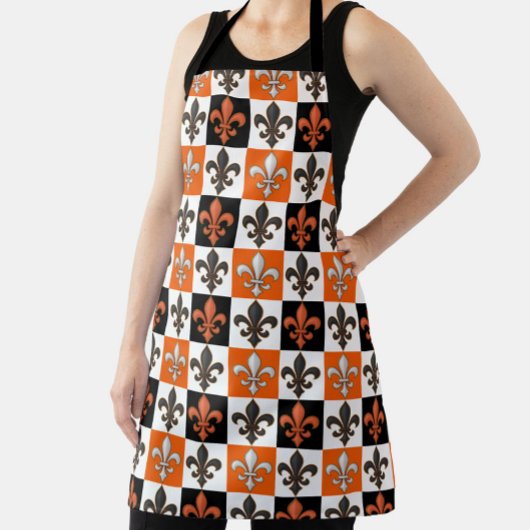 Sinaasappel Zwart Wit Geruit Fleur-de-lis Design Schort