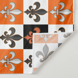 Sinaasappel Zwart Wit Geruit Fleur-de-lis Design Stof