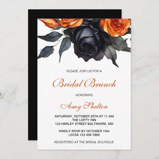 Sinaasappel & Zwarte Waterverf Bloemen Bruids Brun Kaart (Voorkant / Achterkant)