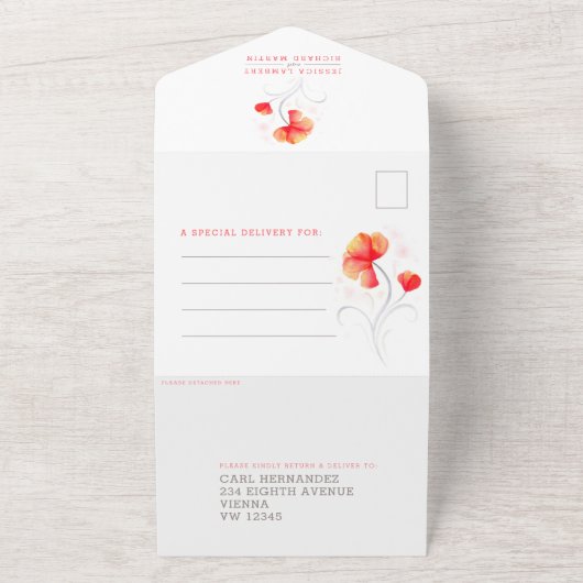 Sinaasappelbloemen grijs draaien waterverf alles i all in one uitnodiging (Buitenkant)