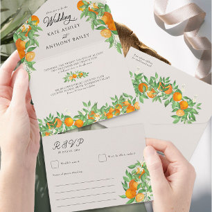 Sinaasappelbloesem Citrus Bruiloft en RSVP All In One Uitnodiging