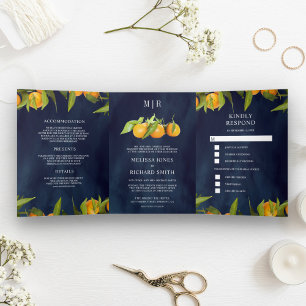 Sinaasappelboomgaard Navy Blue Bruiloft Drieluik Uitnodiging