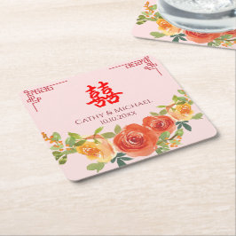 Sinaasappelgele bloemen Chinese bruiloft  Kartonnen Onderzetters