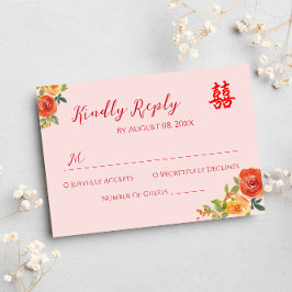Sinaasappelgele bloemen Chinese bruiloft RSVP Kaartje