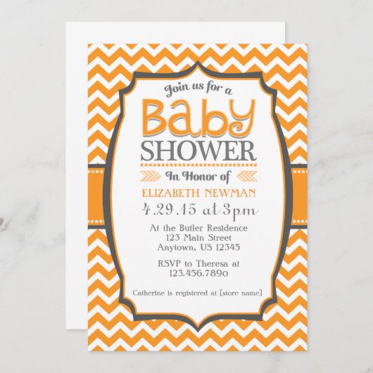 Sinaasappelgrijze Chevron babyshower uitnodiging (Voorkant / Achterkant)