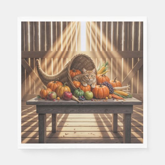 Sinaasappelkat in een Thanksgiving Hoorn des Overv Servet (Voorkant)