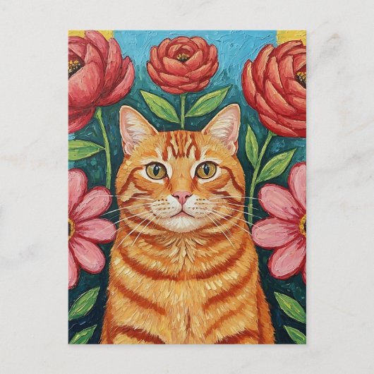 Sinaasappelkat Volkskunst Bloemen Briefkaart (Voorkant)