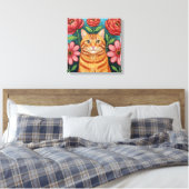 Sinaasappelkat Volkskunst Bloemen Canvas Afdruk (Insitu (Slaapkamer))