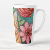 Sinaasappelkat Volkskunst Bloemen Latte Mok (Rechts)