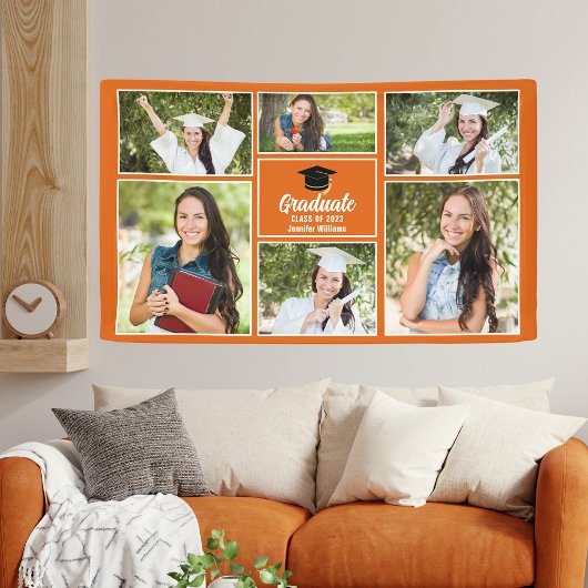 Sinaasappelkleurige afstudeerfoto-collage afstudee spandoek
