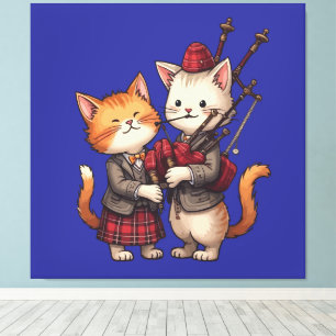 Sinaasappelkleurige katten die doedelzak spelen en canvas afdruk
