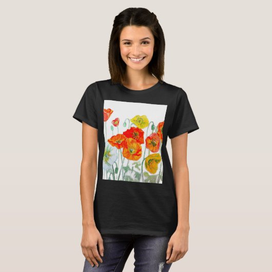 Sinaasappelrode klaproos bloempatroon aquarel t-shirt (Voorkant volledig)