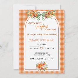 Sinaasappelruit geruite pompoen herfst baby shower kaart