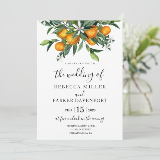 Sinaasappels botanische bruiloft uitnodiging (Staand voorkant)