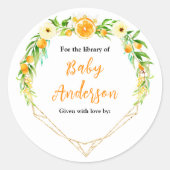 Sinaasappels Citrus Baby shower Bookplate Ronde Sticker (Voorkant)