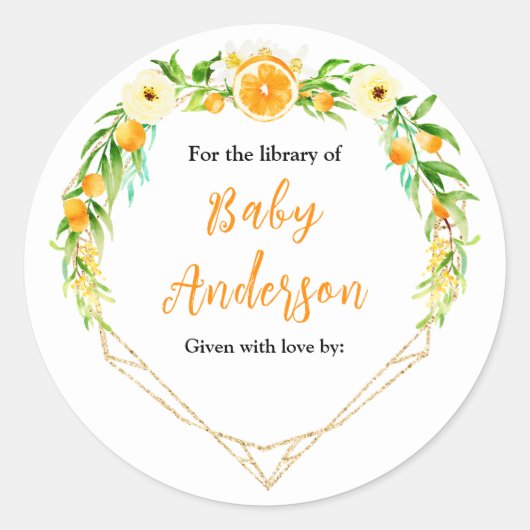 Sinaasappels Citrus Baby shower Bookplate Ronde Sticker (Voorkant)