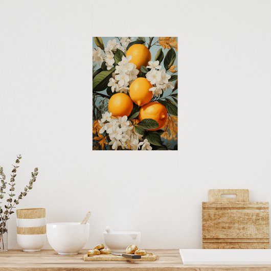 Sinaasappels en bloesems groen poster (Keuken)