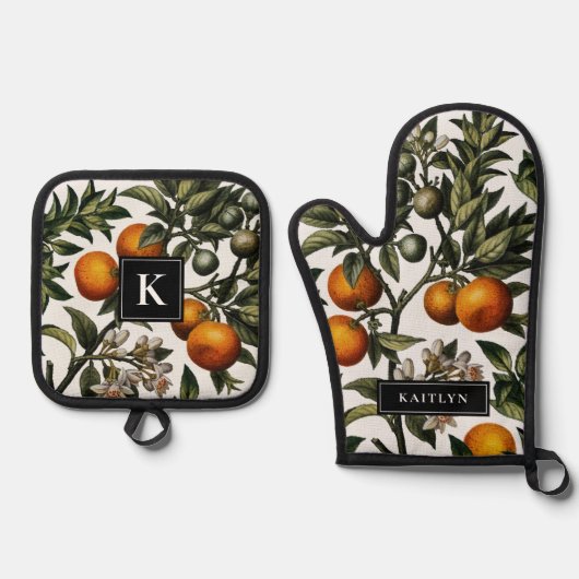 Sinaasappels en Blossoms Monogram Naam Ovenwant & Pannenlap Set (Voorkant)
