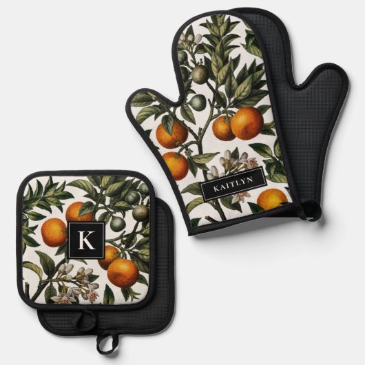 Sinaasappels en Blossoms Monogram Naam Ovenwant & Pannenlap Set (Voorkant / Achterkant)