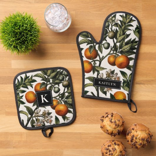 Sinaasappels en Blossoms Monogram Naam Ovenwant & Pannenlap Set (Top down)