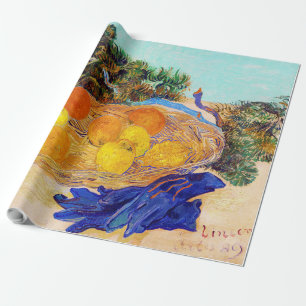 Sinaasappels en citroenen met blauwe handschoenen, cadeaupapier