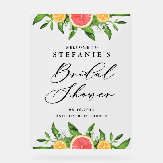 Sinaasappels en grapefruits Bruiloft Feest Welkom Acryl Bord (Voorkant)