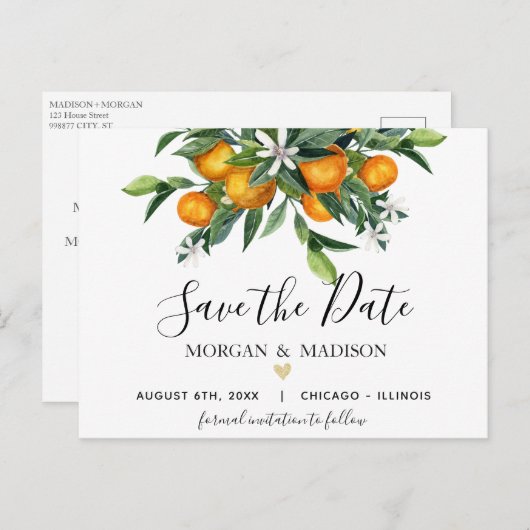 Sinaasappels en groen Save the Date briefkaart (Voorkant / Achterkant)