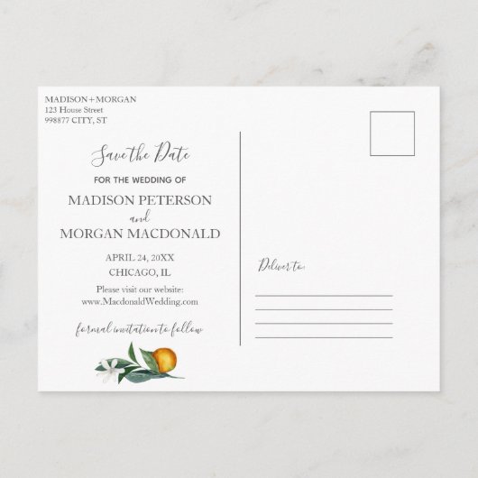 Sinaasappels en groen Save the Date briefkaart (Achterkant)