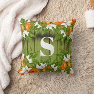 Sinaasappels Fruit Land Herfst Groen Hout Monogram Kussen