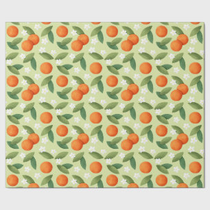 Sinaasappels, groene bladeren en witte bloemen cadeaupapier