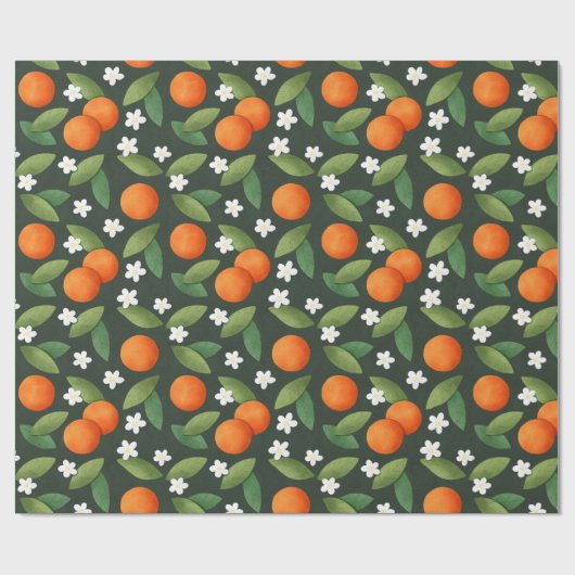 Sinaasappels, groene bladeren en witte bloemen cadeaupapier (Vlak)