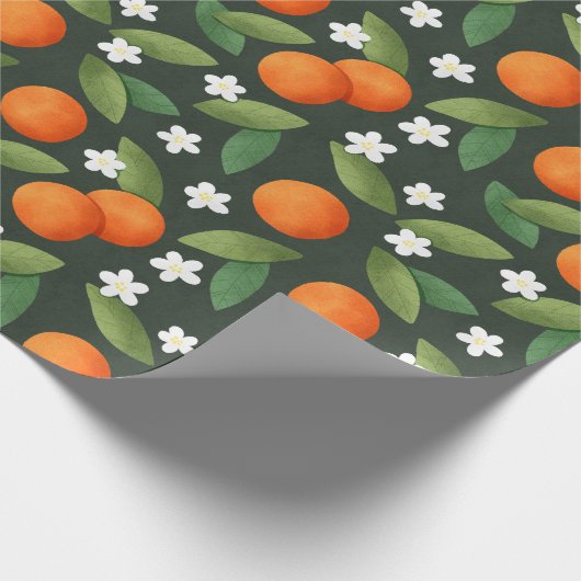 Sinaasappels, groene bladeren en witte bloemen cadeaupapier (Hoek)