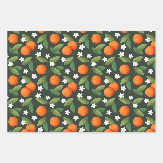 Sinaasappels, groene bladeren en witte bloemen inpakpapier vel (Voorkant 2)