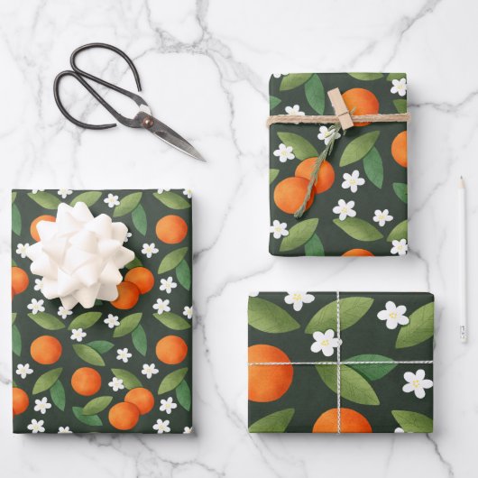 Sinaasappels, groene bladeren en witte bloemen inpakpapier vel (Voorkant)