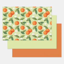 Sinaasappels, groene bladeren en witte bloemen inpakpapier vel