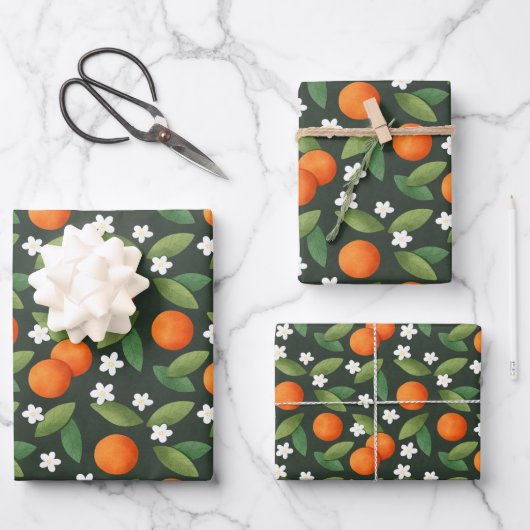 Sinaasappels, groene bladeren en witte bloemen inpakpapier vel (Voorkant)