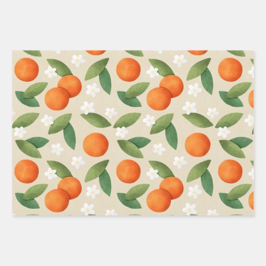 Sinaasappels, groene bladeren en witte bloemen inpakpapier vel (Voorkant 3)
